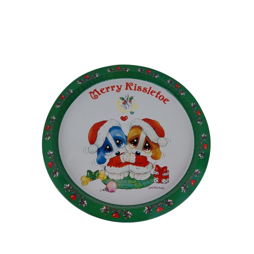 Giordano Tray Tin Christmas Sad Sam & Honey 1991 Vtg Puppy Dogs  Merry Kissletoe